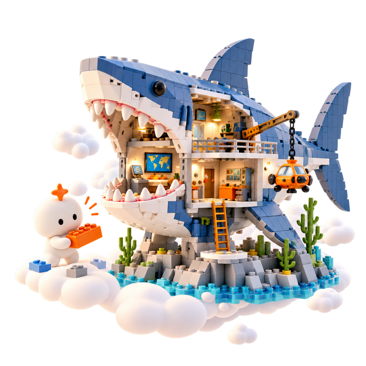 A one-of-one brick model of a giant shark with a secret base built inside, floating on clouds beside bloon, a small smiling character holding an orange brick
